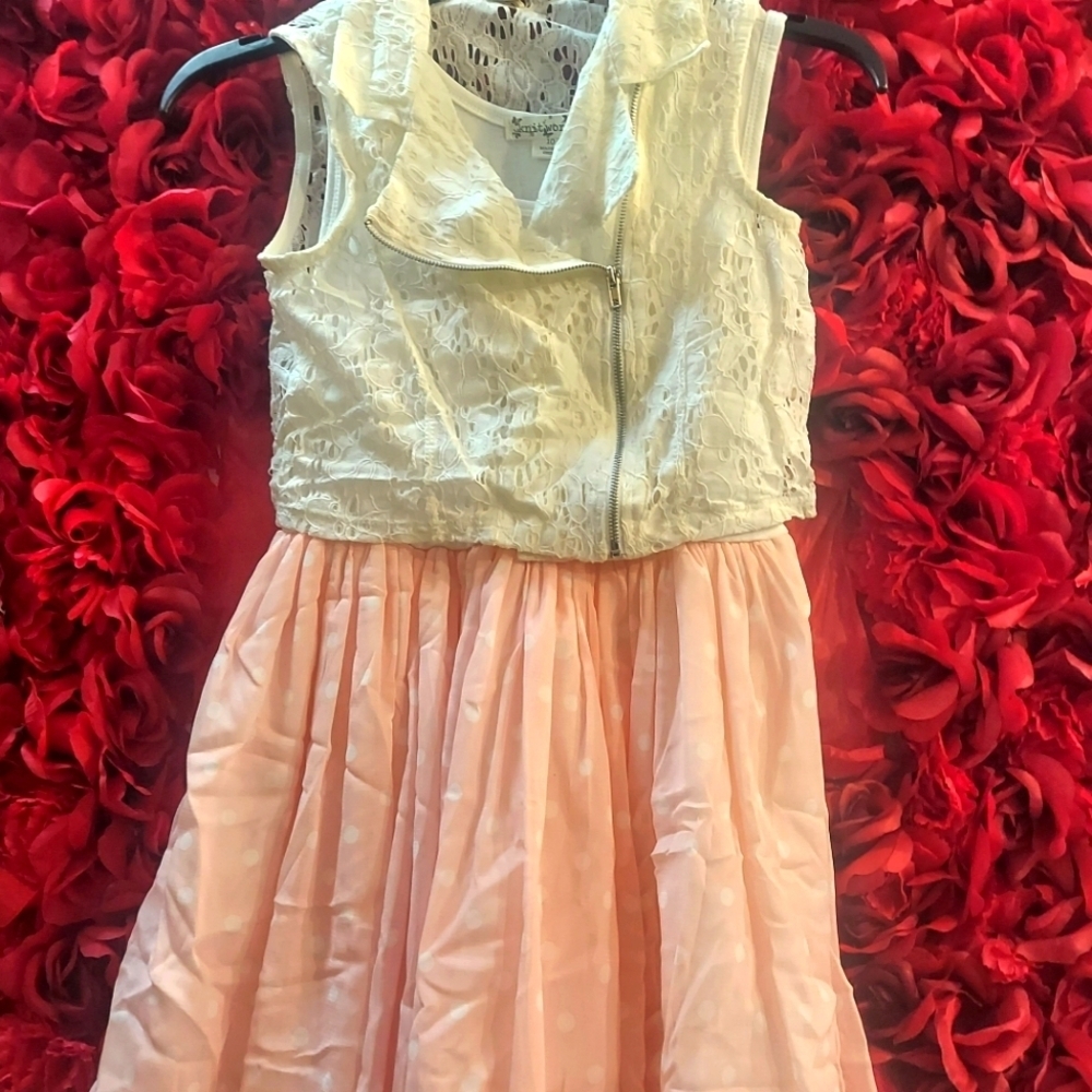 Knitworks Girls Size 10 Peach Polka Dot Dress with Lace Zip up Vest -2 piece set
